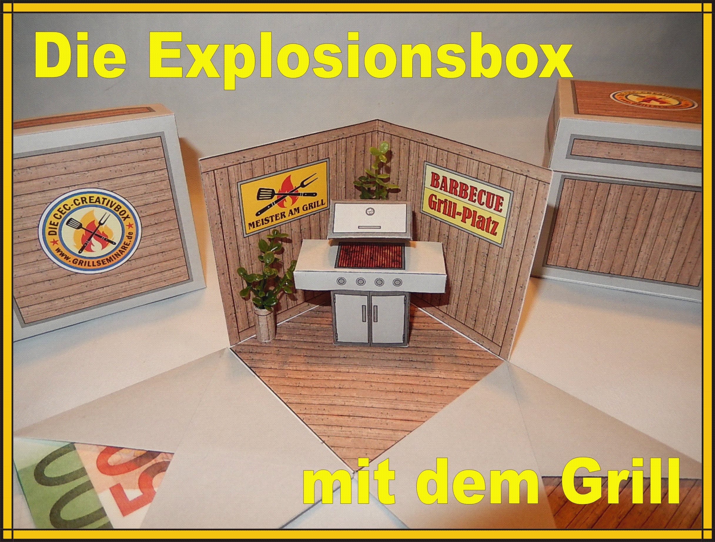 Explosionsbox mit Grill als Geschenkbox für Grillkursgutscheine